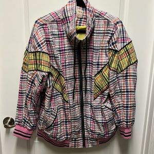 Free people pink yellow and plaid oversized jacket.
